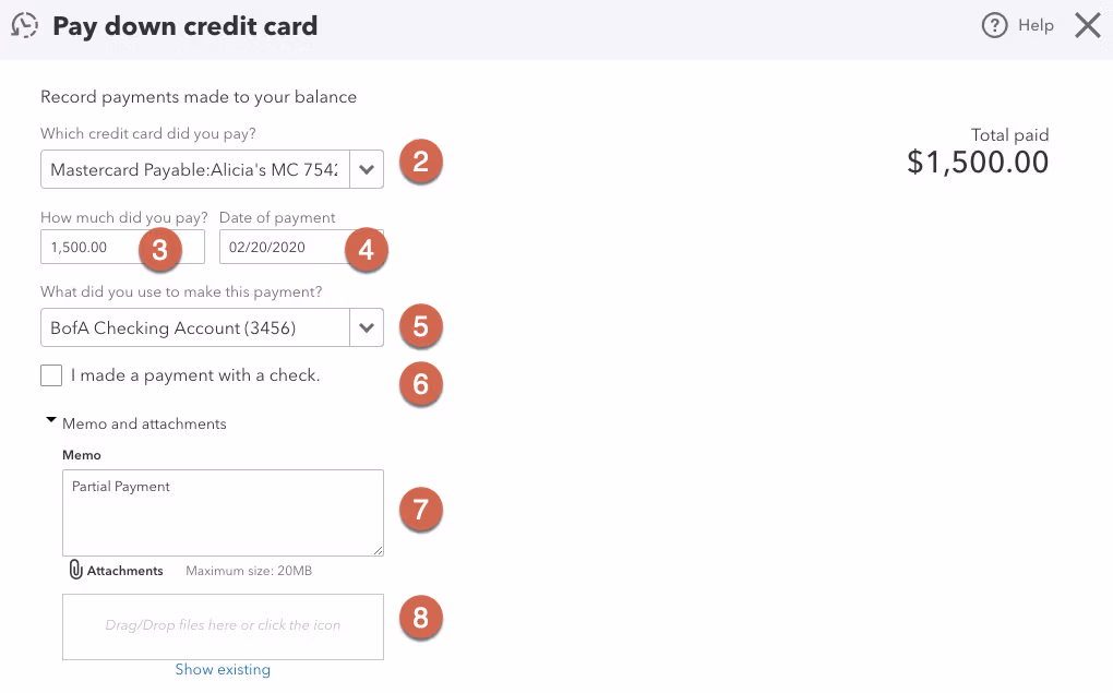 QuickBooks Credit Cards - Pay down credit card