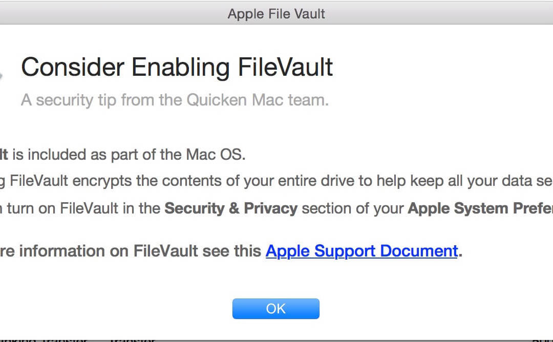Quicken 2016 for Mac suggests FileVault, but we don’t
