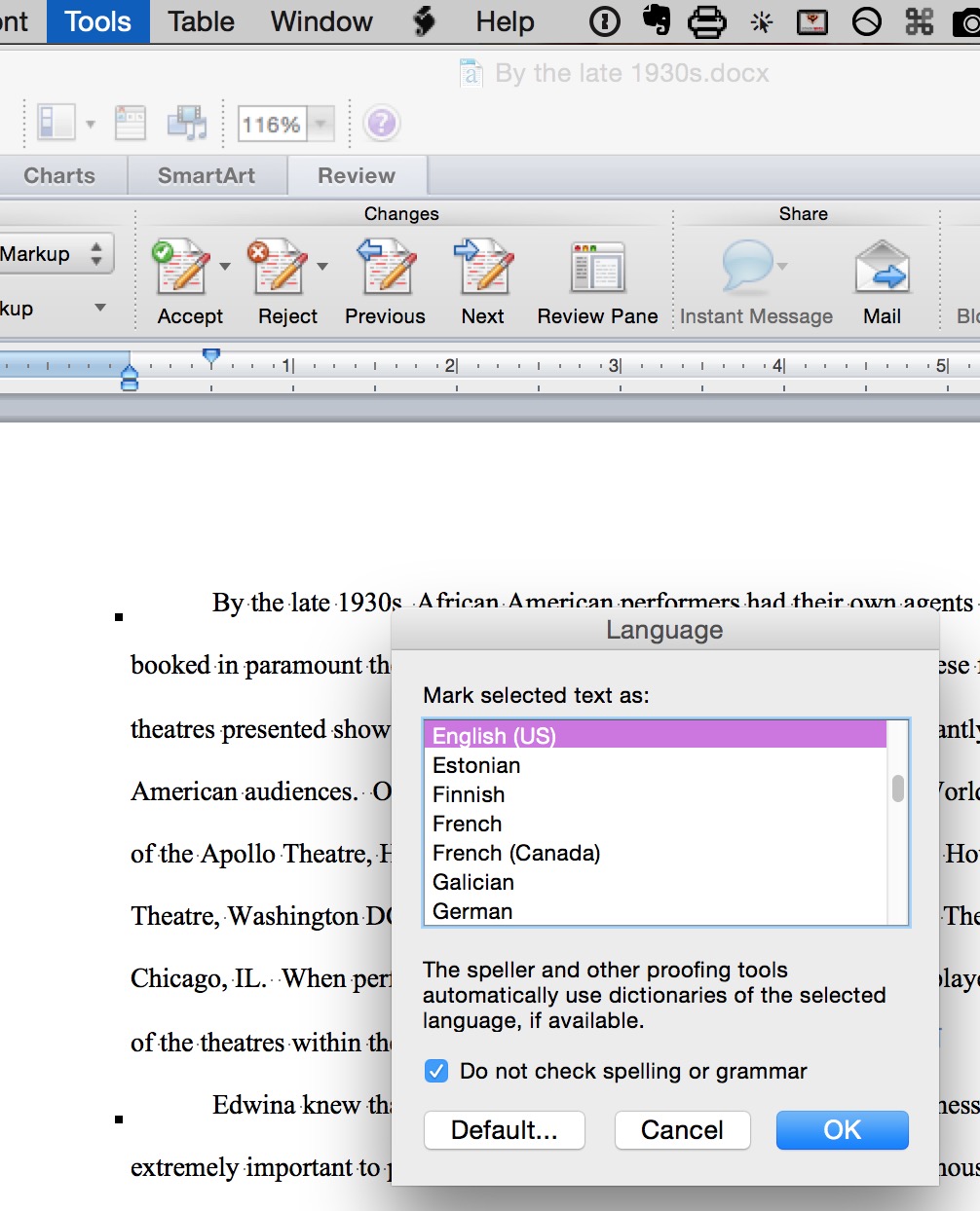 word for mac 2015 option right