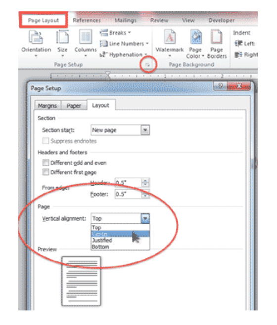 how to center text in word top to bottom